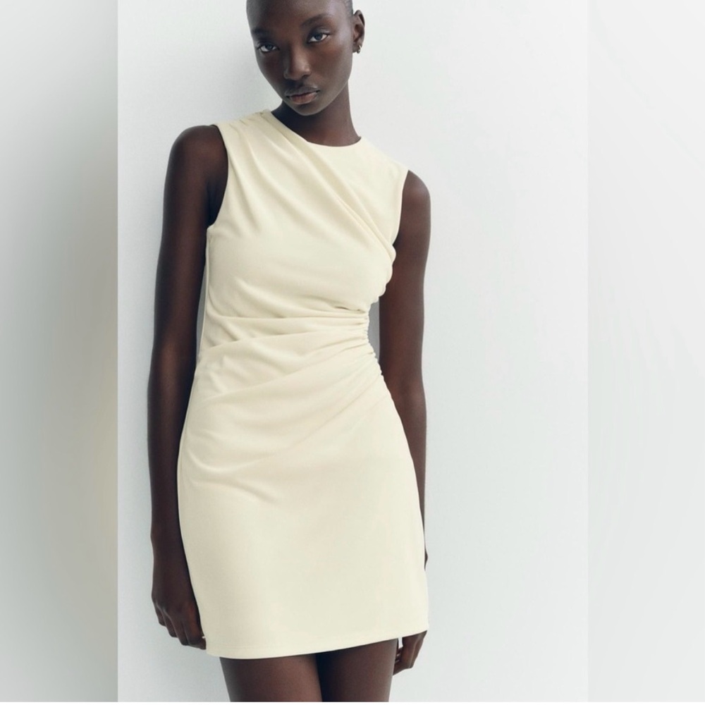 Zara Cream Mini Ruched Bodycon Dress Size Small